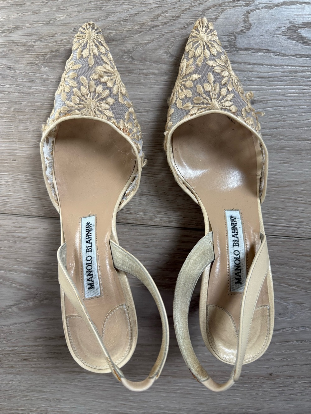 Manolo Blahnik Floral Embroidered Mesh Pointed Toe Slingback Pumps Size 37